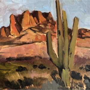Original Western Landscape Painting Impressionism Signed Cactus Mountains 8x8